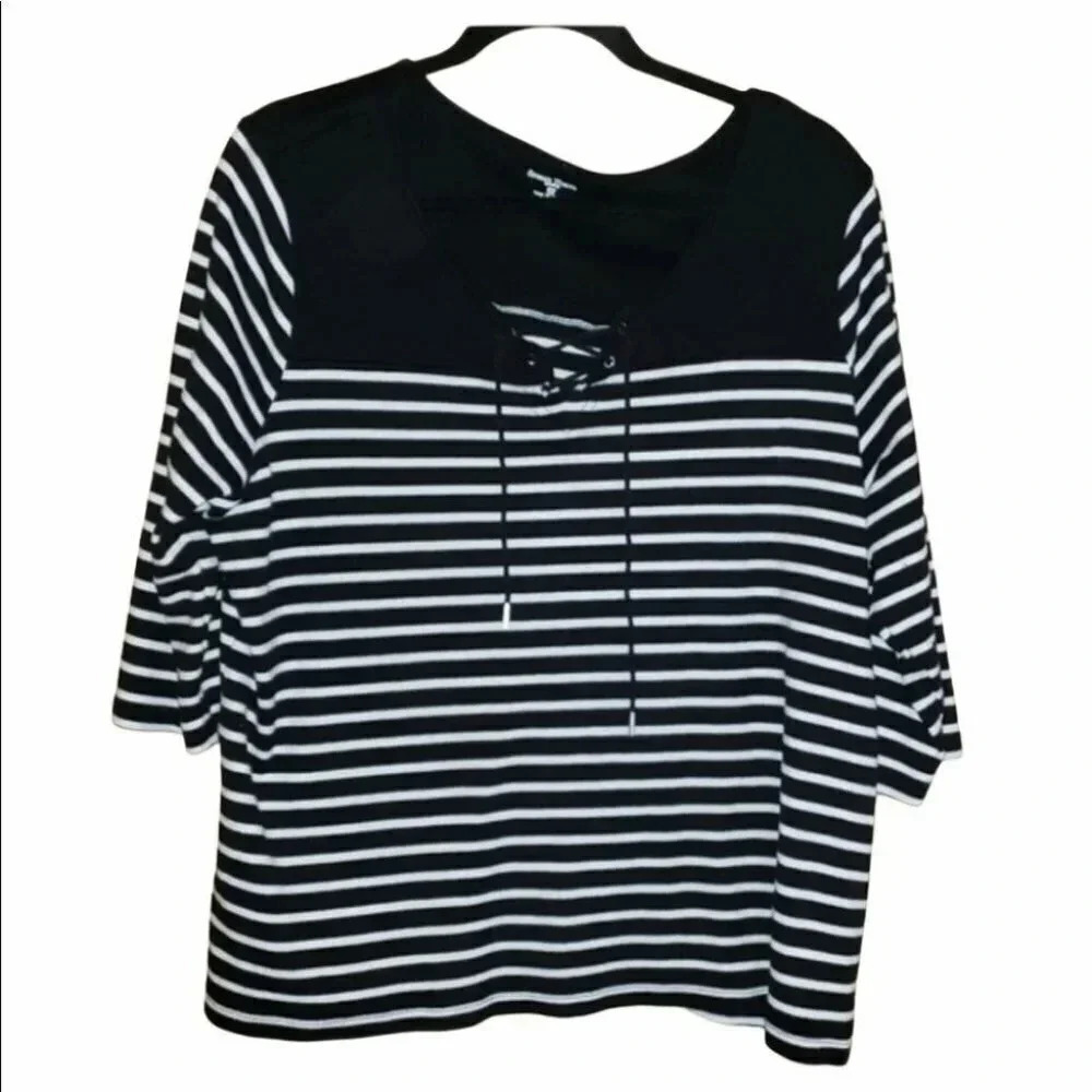 Studio Works 2X Plus-size cotton Black +‎ white striped top